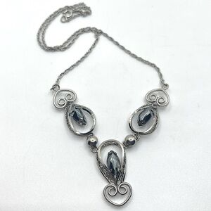 𝅺vtg Titan Sterling & Alaskan Black Diamond Marquis Stone Filigree Necklace 17”